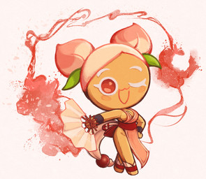 cosplay female folding_fan hand_on_hip looking_at_viewer one_eye_closed open_mouth red_eyes smile smiling_at_viewer solo wink soff_dollr cookie_run peach_cookie humanoid hi_res tagme