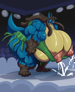 anthro areola big_areola big_breasts big_butt big_nipples black_body black_fur black_hair blue_body blue_fur bodily_fluids bottomwear breasts butt clothing female fur hair huge_areola huge_breasts huge_nipples huge_thighs hyper hyper_breasts lactating lips milk muscular muscular_anthro muscular_female nipple_slip nipples solo sumo sumo_wrestler thick_bottom_lip thick_thighs topwear yellow_body yellow_fur bobert nintendo pokemon generation_4_pokemon lucario pokemon_(species) 2019 digital_media_(artwork) hi_res