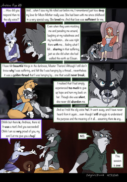 3_toes 4_fingers age_difference alcohol anthro beverage black_nose blue_body blue_eyes blue_fur bottomwear brown_hair clothed clothed_anthro clothed_male clothing comforting degradation dialogue feet female fingers flashback fur grey_body grey_fur group hair hindpaw hug humanoid_hands kneeling loincloth male multicolored_body multicolored_fur muzzle_(object) muzzled nipples paws refusing shirt sitting smile speech_bubble tail teeth temple text toes topwear trio tunic two_tone_body two_tone_fur white_body white_fur wine yellow_body yellow_fur spiritofash andreas_(spiritofash) elouan_the_lightbringer therion_(spiritofash) canid canine canis human mammal wolf comic english_text hi_res