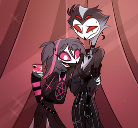 alternative_fashion anthro cellphone crescent_moon cross curtains detailed_background duo electronics emo female goth hair highlights_(coloring) holding_object holding_phone inverted_cross looking_at_viewer looking_down male moon occult_symbol pentagram phone pink_eyes pink_highlights red_eyes short_hair smartphone smile standing symbol teathekook hellaverse helluva_boss octavia_(helluva_boss) stolas_(helluva_boss) avian bird owl owl_demon hi_res daughter_(lore) father_(lore) father_and_child_(lore) father_and_daughter_(lore) parent_(lore) parent_and_child_(lore) parent_and_daughter_(lore)