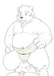 anthro asian_clothing belly blush bodily_fluids clothing cute_fangs duo east_asian_clothing fangs fundoshi humanoid_hands japanese_clothing kemono lying male moobs navel nipples overweight overweight_male simple_background sweat teeth underwear white_background buruukoori bear mammal 2021 absurd_res hi_res