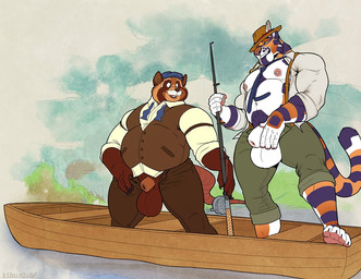 1920s_theme animal_genitalia anthro anthro_on_anthro areola balls barazoku barefoot belly biceps big_balls big_muscles big_sheath boat bodily_fluids border bottomwear claws clothed clothing cloud day duo facial_hair feet fishing_rod flustered fully_sheathed fur genitals grey_border hat headgear headwear holding_object huge_balls huge_muscles imminent_sex lake looking_at_another male male/male manly musclegut muscular muscular_anthro muscular_male mustache navel necktie nipple_piercing nipples open_clothing open_shirt open_topwear outside overweight overweight_anthro overweight_male pants pecs piercing plant plantigrade sheath shirt simple_background smile standing suspenders sweat sweatdrop teeth thick_arms thick_thighs topwear tree tuft undressing unzipped vehicle vest water watercraft zipper kihu soren_(kihu) ailurid felid mammal pantherine red_panda tiger 2025