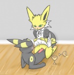 3_toes animal_genitalia anime barefoot beverage black_fur black_nose blush canine canine_penis clothed clothing cowgirl_position ear_markings eeveelution erection facial_markings female feral feral_on_feral freebre fur green_eyes hindpaw holding inside jolteon knot lifting_skirt looking_down lying maid_uniform male mammal markings nintendo nude on_top paws penis pink_penis pokémon precum pussy pussy_juice rubbing sex straight umbreon video_games white_fur yellow_fur
Rating: Explicit
Score: 16
User: FireXSpirit
Date: February 03, 2014