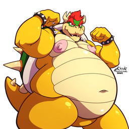 anthro areola armband belly belly_overhang big_areola big_belly big_nipples bracelet claws collar finger_claws flexing flexing_bicep flexing_both_biceps hair horn huge_areola jewelry male musclegut muscular muscular_anthro muscular_male navel nipples overweight overweight_anthro pecs scales sharp_teeth solo spiked_armband spiked_bracelet spiked_collar spikes spikes_(anatomy) tan_body tan_scales teeth thick_thighs yellow_body yellow_scales dkmate1 krok_(artist) mario_bros nintendo bowser dragon_koopa koopa scalie 1:1 2024 colored digital_drawing_(artwork) digital_media_(artwork) hi_res portrait shaded three-quarter_portrait