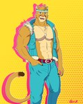 abs anthro belt belt_buckle biceps big_pecs broad_shoulders buckle claws clothing collar ear_piercing ear_ring fur furry_ears hair hand_in_pocket head_tuft male markings multicolored_tail muscular muscular_anthro muscular_male nipples pecs piercing pink_nipples pink_nose pockets ring_piercing solo spiky_hair spots spotted_markings standing tail tan_body tan_fur topwear triceps tuft vest whisker_markings whisker_spots yellow_body yellow_fur neruk cougar felid feline mammal 4:5 absurd_res hi_res