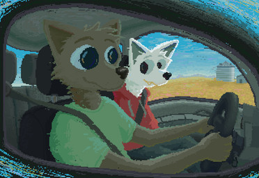 anthro brown_body brown_fur car clothing detailed_background driving duo fur green_clothing green_shirt green_t-shirt green_topwear hoodie inside_car inside_vehicle male red_clothing red_hoodie red_topwear right-hand_drive seat_belt shirt smile steering_wheel t-shirt topwear vehicle white_body white_fur demensa canid canine canis domestic_dog mammal 2023 digital_media_(artwork) pixel_(artwork)