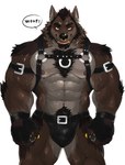 abs anthro arm_tuft armband barbell_piercing beard belt biceps black_clothing black_jockstrap black_underwear brown_body brown_fur brown_hair bulge chest_tuft claws clothing deltoids dialogue elbow_tuft eyebrow_piercing eyebrow_stud facial_hair facial_piercing finger_claws fingerless_gloves fur gloves gold_(metal) gold_claws gold_tooth hair handwear harness jockstrap leather leather_clothing leather_underwear looking_at_viewer male muscular muscular_anthro muscular_male muscular_thighs navel nipple_barbell nipple_piercing nipple_stud nipples nose_piercing nose_ring pecs piercing pubes ring_piercing septum_piercing septum_ring simple_background solo speech_bubble tuft underwear vein veiny_muscles white_background woof_(sound_effect) yellow_eyes meocondainhan corrin_(corrin619) canid canine canis mammal wolf 2023 hi_res