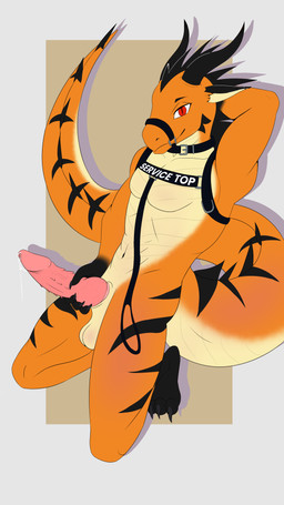 anthro balls bodily_fluids dripping erection genital_fluids genitals harness horn kneeling knot knotted_penis looking_at_viewer male non-mammal_balls orange_body orange_scales penis penis_in_hand precum precum_drip scales service_top service_top_harness slight_smile solo tiger_pattern nova_bold mythology dragon mythological_creature mythological_scalie scalie 9:16 hi_res