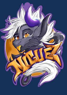 anthro badge curved_horn fur grey_body grey_fur hair horn logo looking_at_viewer male markings melvie orange_eyes purple_horn smile solo tail tongue tongue_out white_hair white_markings mythology miguez dragon furred_dragon furred_scalie mythological_creature mythological_scalie scalie 2025 digital_media_(artwork) headshot_portrait hi_res portrait