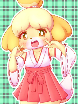 anthro armwear asian_clothing blush clothed clothing detached_sleeves east_asian_clothing female fur japanese_clothing looking_at_viewer miko_outfit open_mouth open_smile pattern_background shrine_maiden simple_background smile solo standing yellow_body yellow_fur bunnag animal_crossing nintendo isabelle_(animal_crossing) canid canine canis domestic_dog mammal shih_tzu toy_dog digital_media_(artwork) hi_res shaded