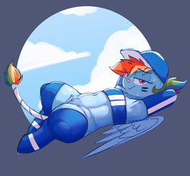 armwear band-aid band-aid_on_face band-aid_on_nose bandage bandage_on_face bandage_on_nose bandeau baseball_cap blue_body blue_fur bodily_fluids clothed clothed_feral clothing cloud feathered_wings feathers female feral fur hair hat headgear headwear hooves legwear lying multicolored_hair multicolored_tail nipples on_back pose rainbow_hair rainbow_tail seductive sky solo sweat tail teats thigh_highs tomboy topwear wings welost friendship_is_magic hasbro my_little_pony mythology rainbow_dash_(mlp) equid equine horse mammal mythological_creature mythological_equine pegasus pony hi_res pinup