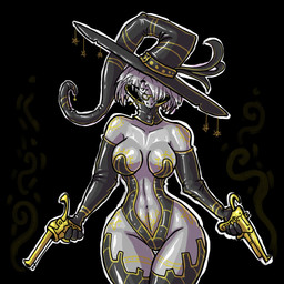 abs anthro armor armwear black_background black_clothing black_hat black_headwear breasts cleavage clothed clothing collarbone covered_nipples detached_sleeves dual_wielding eyelashes eyewear female front_view glasses glistening glistening_breasts glistening_clothing glistening_thighs gloves grey_body grey_hair gun gun_smoke hair hair_over_eye handwear hat hat_feather headgear headwear holding_gun holding_object holding_ranged_weapon holding_weapon latex latex_armwear latex_clothing latex_detached_sleeves latex_gloves latex_handwear latex_legwear latex_thigh_highs legwear looking_at_viewer loose_feather magic_user markings medium_breasts medium_hair midriff multicolored_clothing navel neckwear outline pupils ranged_weapon simple_background skimpy small_waist smile smiling_at_viewer smoke solo teeth thick_thighs thigh_gap thigh_highs two_tone_clothing unconvincing_armor weapon wearing_glasses white_outline wide_hips witch witch_hat yellow_markings zhmernalt steamfalish_witch 1:1 hi_res