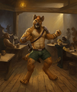 abs anthro areola armor biceps bottomwear bulge chair clenched_teeth clothed clothing container cup digitigrade facial_piercing feet fingers fur furniture group hair horn inside looking_at_viewer looking_back male melee_weapon mug muscular muscular_anthro muscular_male navel nipples nose_piercing nose_ring pecs piercing ring_piercing septum_piercing septum_ring shorts sitting spots standing sword table tail tavern teeth toes topless topless_anthro topless_male topwear weapon orcfun bovid bovine canid canine canis cattle gnoll hyena lizard mammal reptile scalie spotted_hyena wolf 5:6 digital_media_(artwork) hi_res