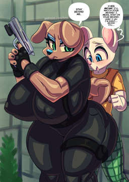 alternate_species anthro big_breasts blush breasts butt clothed clothing crossgender female ftm_crossgender furrification gun holding_gun holding_object holding_ranged_weapon holding_weapon huge_breasts male male/female mtf_crossgender nipple_outline presenting presenting_hindquarters ranged_weapon text thick_thighs weapon wide_hips toto_draw capcom resident_evil ashley_graham leon_kennedy moushley canid canine canis domestic_dog house_mouse mammal mouse murid murine rodent 2023 absurd_res english_text hi_res
