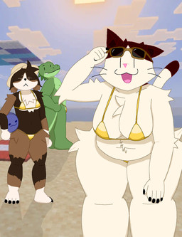 anthro beach bikini brown_body brown_fur clothing female fur green_body group male slightly_chubby swimwear trio two-piece_swimsuit white_body white_fur simon_el_joyas_(artist) golden_week confleis_(simon_el_joyas) frulups_(simon_el_joyas) rogelio_(simon_el_joyas) canid canine canis crocodile crocodilian domestic_cat domestic_dog felid feline felis mammal reptile scalie hi_res