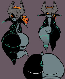 anus armor big_butt black_body bottom_heavy breasts butt clothing ears_down fangs featureless_breasts featureless_crotch featureless_feet feet female front_view fused_shadow green_anus green_markings grey_body hair headgear headwear helmet huge_butt humanoid_pointy_ears looking_at_viewer looking_back looking_back_at_viewer markings orange_hair orange_sclera pivoted_ears pointy_ears purple_background rear_view red_eyes simple_background small_breasts solo teeth thick_thighs wide_hips lazypunkarts nintendo the_legend_of_zelda twilight_princess midna humanoid imp twili 2025 hi_res
