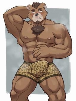 5_fingers abs animal_print anthro areola beard biped black_nose blush blush_lines bodily_fluids body_hair border boxer_briefs brown_beard brown_body brown_facial_hair brown_fur brown_hair bulge cheek_tuft chest_hair claws clothed clothed_anthro clothed_male clothing ear_piercing ear_ring embarrassed erection erection_under_clothing eyebrows facial_hair facial_tuft finger_claws fingers fur genital_fluids glistening glistening_eyes grey_background hair hand_behind_head leopard_print leopard_print_boxers leopard_print_underwear male male_anthro muscular muscular_anthro muscular_male nipples pattern_boxer_briefs pattern_clothing pattern_underwear pecs piercing precum precum_through_clothing precum_through_underwear red_eyes ring_piercing simple_background solo sweat teeth tuft underwear vein veiny_muscles wet wet_clothing white_border norakemo777 bear mammal 2025 absurd_res digital_media_(artwork) hi_res