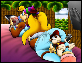 anthro big_breasts big_butt blonde_hair breasts butt butt_pillow clothed clothing duo ear_piercing ear_ring eating female hair hoop_ear_ring larger_female lying male on_front panties piercing ring_piercing size_difference tail underwear y2k_(fashion) young young_anthro young_male virus-20 donkey_kong_(series) nintendo diddy_kong tiny_kong haplorhine kong mammal monkey primate digital_media_(artwork)