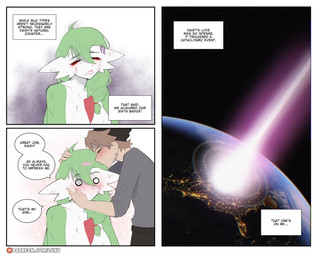 disappointed earth female green_body green_hair hair kiss_on_forehead kissing laser lipstick makeup male male/female planet text luxurias nintendo pokemon daisy_(luxurias) gardevoir generation_3_pokemon human humanoid mammal pokemon_(species) comic english_text hi_res
