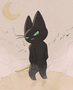 anthro bath black_body black_fur blush butt docked_tail fur green_eyes hot_spring katana male melee_weapon moon night nude onsen serious_face short_tail solo steam sword tail water weapon adriano_berjillos cartoon_network mao_mao:_heroes_of_pure_heart sheriff_mao_mao_mao domestic_cat felid feline felis mammal hi_res