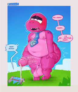 accessory anthro balls belly big_balls big_butt big_penis blush bodily_fluids butt chubby_cheeks cum cum_drip cum_on_penis curious dialogue dialogue_box dripping electronics erection excited fatty_humps genital_fluids genitals gesture glans glass handshake happy heavy_balls huge_penis hyper hyper_genitalia hyper_penis looking_pleasured magenta_body magical_stimulation male narrowed_eyes navel necktie nipple_dip nipples nude open_mouth orgasm outside overweight penis pink_body red_face saliva shake_lines shaking shaking_butt shaking_head shaking_hips shaking_legs shaking_orgasm shaking_penis slightly_chubby solo speech_bubble spiked_penis spikes spikes_(anatomy) surprised tablet text thick_thighs trembling trembling_for_pleasure vein veiny_penis katxfish gameoverse glitch_productions gobbles_(gameoverse) dinosaur prehistoric_species reptile scalie absurd_res english_text hi_res