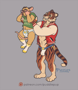 adolescent anthro bottomwear bullying clothing covering covering_face diaper duo eyewear glasses humiliation jacket jockstrap letterman_jacket male pattern_diaper plantigrade simple_background topwear underwear young puddlepup felid mammal mouse murid murine pantherine rodent tiger