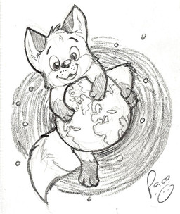 anthro earth happy logo looking_at_viewer macro male open_mouth open_smile planet smile solo young young_anthro young_male pandapaco biro_(pandapaco) canid canine fox mammal artist_logo monochrome signature sketch