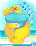 :d belly belly_cutout big_belly big_breasts blonde_hair breasts clothing cutout dialogue eyes_closed female glistening glistening_body glistening_clothing hair huge_breasts navel not_furry obese obese_female obese_humanoid one-piece_swimsuit open_mouth overweight overweight_female overweight_humanoid patreon_logo sharkini short_hair single_strap single_strap_clothing single_strap_swimsuit single_strap_swimwear smile solo swimwear teeth text thick_thighs website_logo wide_hips yellow_body yellow_skin dieselbrain patreon sucy cyclops humanoid english_text hi_res url