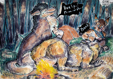 campfire drawing fatal_vore feral group male male/male nature neck_bulge night swallowing trio unwilling_prey vore anxiousboar african_wild_dog canid canine canis domestic_dog german_shepherd herding_dog mammal pastoral_dog wolf absurd_res comic hi_res traditional_media_(artwork)