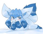ambiguous_gender blush chest_tuft feral fluffy fluffy_ears fluffy_tail looking_aside lying on_front open_mouth pawpads simple_background smile solo tail tuft white_background joeri_kunisaki nintendo pokemon eeveelution generation_4_pokemon glaceon pokemon_(species)