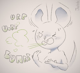anthro big_ears blush blush_lines bodily_fluids breasts buckteeth burp_cloud burping eyelashes female green_burp_cloud motion_lines mouse_ears one_eye_closed open_mouth solo sound_effects sweat sweatdrop tail teeth text jubb mammal mouse murid murine rodent 2023 artist_name bust_portrait portrait