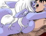 5:4 anthro big_breasts blue_body blue_fur breasts cobayashi digital_media_(artwork) duo felid female fur hair hug hugging_another human human_on_anthro inner_ear_fluff interspecies licking love low_res male male/female mammal nude oekaki open_mouth romantic romantic_couple side_boob simple_background tail tail_motion tailwag teeth tongue tongue_out tuft white_hair