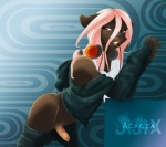 abstract_background anthro bottomwear brown_body brown_fur clothed clothing electronics erection femboy foreskin fur genitals hair headphones headphones_around_neck humanoid_genitalia humanoid_penis long_hair looking_at_viewer male pants penis pink_hair red_eyes simple_background solo teeth vagabond_(artist) acacia_prium mammal marsupial vombatiform wombat digital_media_(artwork)