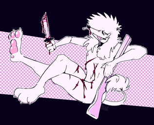 anthro blood blood_on_knife bodily_fluids fur gore gun knife male nosebleed nude pink_background ranged_weapon scar self-harm self-harm_scars simple_background solo tiled_background tissue weapon white_body white_fur lividlamb canid canine canis domestic_dog mammal poodle
