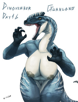 anthro areola big_breasts blue_body breasts female front_view genitals gloves_(marking) grey_areola grey_nipples long_neck markings navel nipples non-mammal_breasts non-mammal_navel non-mammal_nipples open_mouth sharp_teeth simple_background slightly_chubby slightly_chubby_anthro slightly_chubby_female solo teeth text thick_thighs vulva white_background white_body wide_hips yellow_eyes hxveuseenmypen dinosaur guanlong prehistoric_species reptile saurischian scalie theropod tyrannosauroid absurd_res hi_res