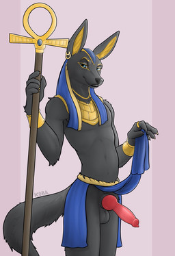 animal_genitalia animal_penis anthro canine_genitalia canine_penis clothing erection fur genitals male penis solo tail koba egyptian_mythology middle_eastern_mythology mythology anubis canid canine canis deity jackal mammal hi_res