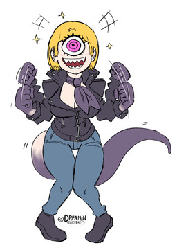 1_eye 5_fingers big_eyes big_tail blonde_hair bottomwear breasts cleavage clothed clothing denim denim_bottomwear denim_clothing dipstick_tail excited female fingers footwear fully_clothed hair happy jacket jeans leather leather_clothing leather_jacket leather_topwear light_body light_skin long_tail markings motion_lines multicolored_body multicolored_skin multicolored_tail necktie not_furry pale_skin pants pink_eyes sharp_teeth shoes short_hair simple_background solo tail tail_markings teeth topwear two_tone_body two_tone_skin white_background dreaminerryday annie_(anaid) cyclops humanoid tailclops_(race) tailclops_(species) full-length_portrait hi_res portrait source_request unavailable_at_source
