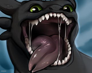 ambiguous_feral ambiguous_gender black_body bodily_fluids feral forked_tongue front_view glistening glistening_eyes green_eyes looking_at_viewer mouth_shot open_mouth saliva saliva_string solo text tongue roobin dreamworks european_mythology how_to_train_your_dragon mythology toothless dragon fury_(httyd) mythological_creature mythological_scalie night_fury scalie western_dragon artist_name hi_res