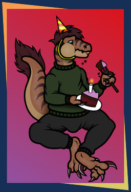 anthro birthday blue_eyes bottomwear brown_body brown_claws brown_feathers brown_scales brown_stripes cake candle claws clothing cutlery dessert dewclaw eating feather_hair feathers feet finger_claws fingers food fork green_clothing green_sweater green_topwear grey_bottomwear grey_clothing grey_pants hat headgear headwear holding_fork holding_object holding_plate kitchen_utensils male multicolored_body overweight pants party_hat plate pseudo_hair scales sickle_claw simple_background sitting snout solo striped_body stripes sweater tail tail_feathers tapering_tail toe_claws toes tools topwear janek5 janek_(janek5) dinosaur dromaeosaurid prehistoric_species reptile saurischian scalie theropod velociraptor hi_res