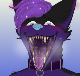 anthro blue_eyes blush bodily_fluids collar cosmic_hair drooling ethereal_hair fangs femboy fur male mouth_shot open_mouth purple_body purple_fur purple_mouth saliva solo teeth uvula y.kaila kitsunaki canid canine fox mammal digital_media_(artwork) hi_res