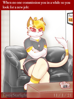 anthro black_bottomwear black_clothing black_shirt black_shorts black_sofa black_topwear blonde_hair border bottomwear brown_body brown_fur camera casting_couch cheek_tuft claws clothed clothed_anthro clothed_male clothing crossed_arms crossed_legs facial_tuft fur furniture hair inside male narrowed_eyes on_sofa parody red_border red_eyes shirt shorts sitting sitting_on_sofa sofa solo tail tail_tuft text topwear tuft white_body white_fur yellow_body yellow_fur tasticstarlight pornhub talia_(tasticstarlight) domestic_cat felid feline felis mammal 2021 3:4 artist_name dated english_text hi_res meme
