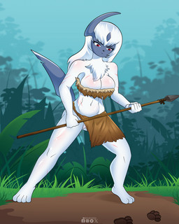 4_toes 5_fingers abdominal_scar anthro arm_scar breast_scar breasts chest_tuft feet female fingers footprint forest genitals hair holding_object holding_weapon hunting jungle leg_scar melee_weapon outside pawprint plant plantigrade pokemorph polearm red_eyes sarong scar solo spear thigh_scar toes tracking tree tribal tribal_clothing tuft vulva weapon white_body white_hair duderedblue nintendo pokemon unnamed_character absol generation_3_pokemon mammal pokemon_(species) 2026 colored hi_res shaded