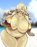 anthro beach belly belly_overhang big_breasts bikini breasts camel_toe cleavage clothed clothing curvy_figure eyes_closed female fluffy fluffy_hair gold_bikini hair hair_over_eye huge_breasts kemono leaning leaning_forward long_hair navel one_eye_obstructed outside playing_with_hair slightly_chubby smile solo swimwear thick_thighs tongue tongue_out two-piece_swimsuit voluptuous yoona golden_week canid canine canis domestic_dog mammal digital_media_(artwork) hi_res portrait three-quarter_portrait