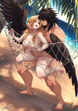 beach black_body black_feathers black_hair blonde_hair breasts duo feathered_wings feathers feet female from_behind_position hair human_on_humanoid humanoid_feet interspecies male male/female male_human nipples not_furry_focus nude palm_tree plant plantigrade sex sex_on_the_beach tree wings crescentia_fortuna deathblight human humanoid mammal winged_humanoid 2026 dated hi_res signature