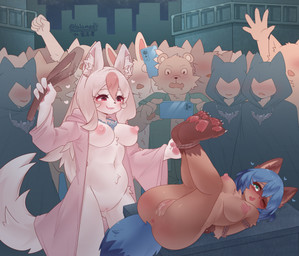 anthro anus arms_tied aroused ass_up bdsm being_watched belt belting blue_hair blush bodily_fluids bondage bound breasts brown_body butt butt_slap cloak clothing crowd diaper_position duo_focus erect_nipples exposed faceless_anthro faceless_character female female/female genital_fluids genitals green_eyes group hair heart_symbol holding_belt holding_object humiliation humiliation_fetish imminent_spanking jewelry legs_up looking_at_another lying necklace nipples nude on_back outside pawpads pink_hair pink_nipples plantigrade_pawpads public public_nudity recording red_eyes restrained restraints rope rope_bondage shy slap spanking vaginal_fluids vulva white_body lalamedli brand_new_animal studio_trigger michiru_kagemori nazuna_hiwatashi canid canine canis mammal procyonid raccoon wolf 2026 absurd_res hi_res signature
