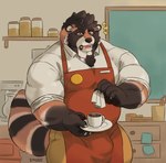 5_fingers anthro apron bar_emanata barazoku belly beverage big_bulge big_muscles black_body black_fur black_nose brown_body brown_fur bulge chest_tuft claws clothing coffee emanata eyebrows facial_markings fingers fur head_markings heart_formation heart_symbol holding_object humanoid_hands male markings mask_(marking) muscular muscular_anthro muscular_male overweight overweight_anthro overweight_male serving serving_beverage shirt solo striped_body striped_fur stripes thick_eyebrows tight_clothing topwear tuft waiter white_claws imato mammal procyonid raccoon 2020 absurd_res hi_res