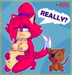 ambiguous_gender anthro areola belly big_breasts breasts butt duo ear_piercing feet female feral hair nipples nude piercing pregnant pregnant_female red_body serious serious_face simple_background speech_bubble tail text worried worried_face worried_look redeye_samurai_(artist) sega sonic_the_hedgehog_(series) asami_the_cat fan_character absurd_res digital_media_(artwork) hi_res