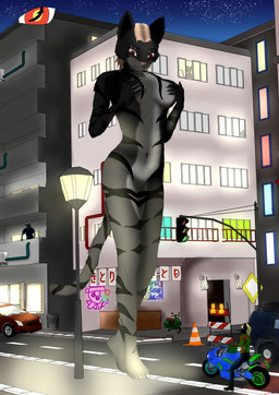anthro biker building car city female fur grey_body grey_fur group light macro male micro night nude red_eyes standing street_lamp stripes vehicle blackreaper_bk201 microsoft the_elder_scrolls schnurrt_beim_knuddeln felid khajiit mammal absurd_res hi_res