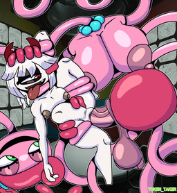 1_eye anthro balls big_breasts bodily_fluids breasts butt clothing duo erection eyelashes female genitals green_eyes hair herm herm/female horn intersex intersex/female intersex_penetrating male nipples not_furry nude open_mouth penetration penis pink_body pink_hair sex simple_background smile teeth text vaginal token_taker mob_entertainment poppy_playtime fan_character mommy_long_legs animate_inanimate arachnid arthropod cyclops demon humanoid imp living_toy mammal spider absurd_res digital_media_(artwork) hi_res