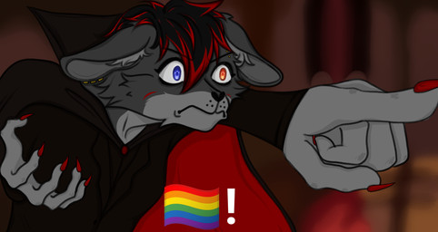 alrxiin. anthro black_hair cape claws clothing ear_piercing emoji eyebrow_piercing eyeliner facial_piercing facial_tuft femboy feminine frock_coat fur gesture gold_piercing grey_body grey_fur hair hand_gesture heterochromia inner_ear_fluff makeup male multicolored_body multicolored_fur multicolored_hair piercing pointing red_body red_cape red_claws red_clothing red_fur red_hair solo tuft hotel_transylvania dan_(femboy_dan) lagomorph leporid mammal rabbit absurd_res hi_res